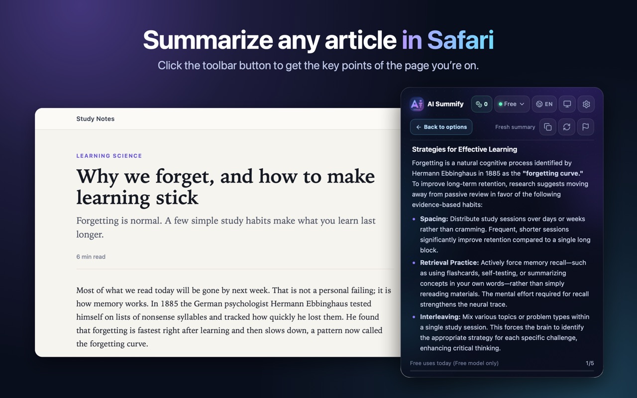 AI Summify summarizing an article in Safari