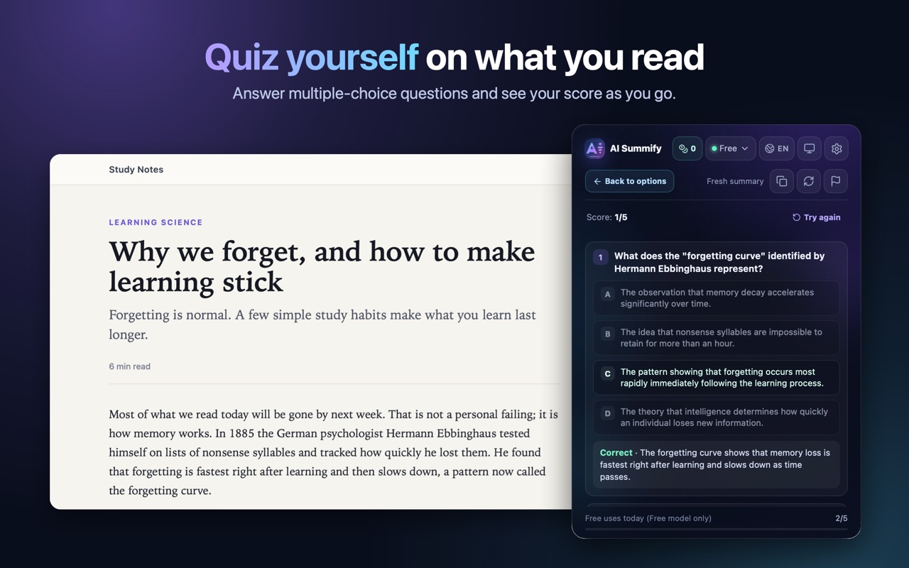 A quiz generated from an article