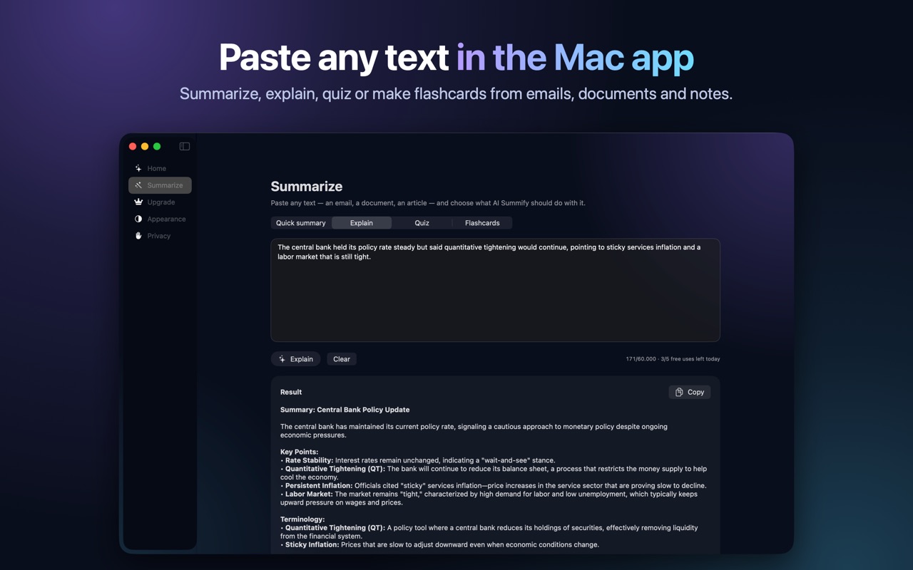 The AI Summify Mac app